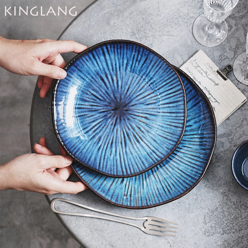 KINGLANG Kiln Glaze Cat Eye Blue Color Nice Ceramic Tableware Home Flat Platter Steak Dish Breakfast Dinner Plate