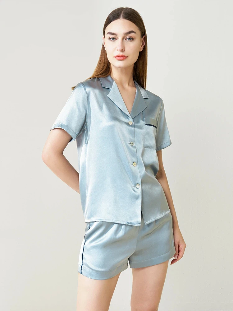 19MM Real Mulberry Silk Short Sleeve and Shorts Pijama 2pcs Set Button Down Lapel Cardigan Nightwear Pajamas Summer Loungewear