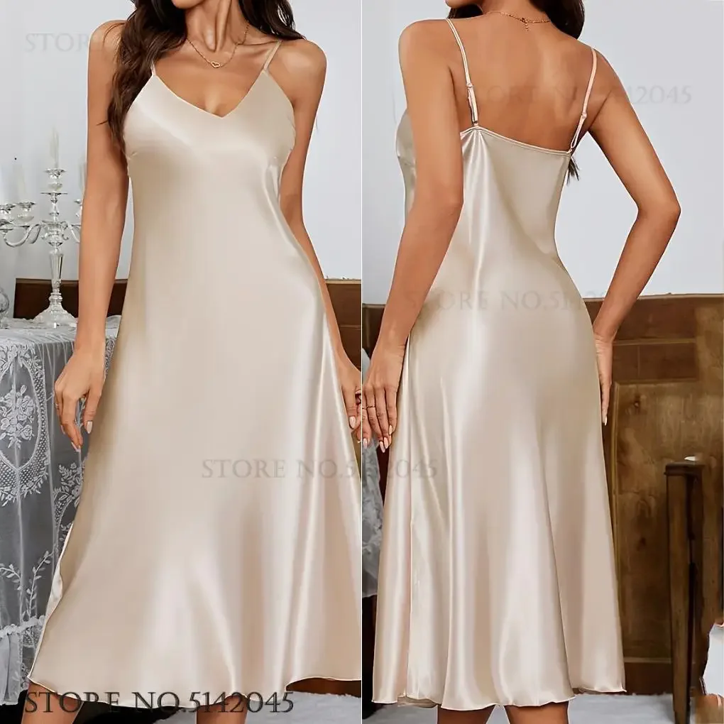 

Summer New Female Suspender Nightgown Chemise Sleepwear Sexy Silk Satin Nightdress Lingerie Champagne Nightie Home Dressing Gown