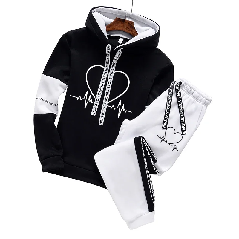 Black White Mens Tracksuit Casual Hooded Sweatshirt Jogging Sport Street Clothing High Quality Printing Tops Pants Suit S-3XL