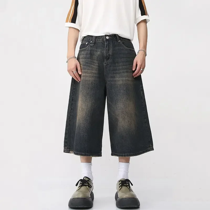 Y2K Mens Vintage Streetwear Breeches Korean Harajuku Denim Wide Leg Trouser Short Pants Jorts Bermudas Jeans Shorts Alt Clothes