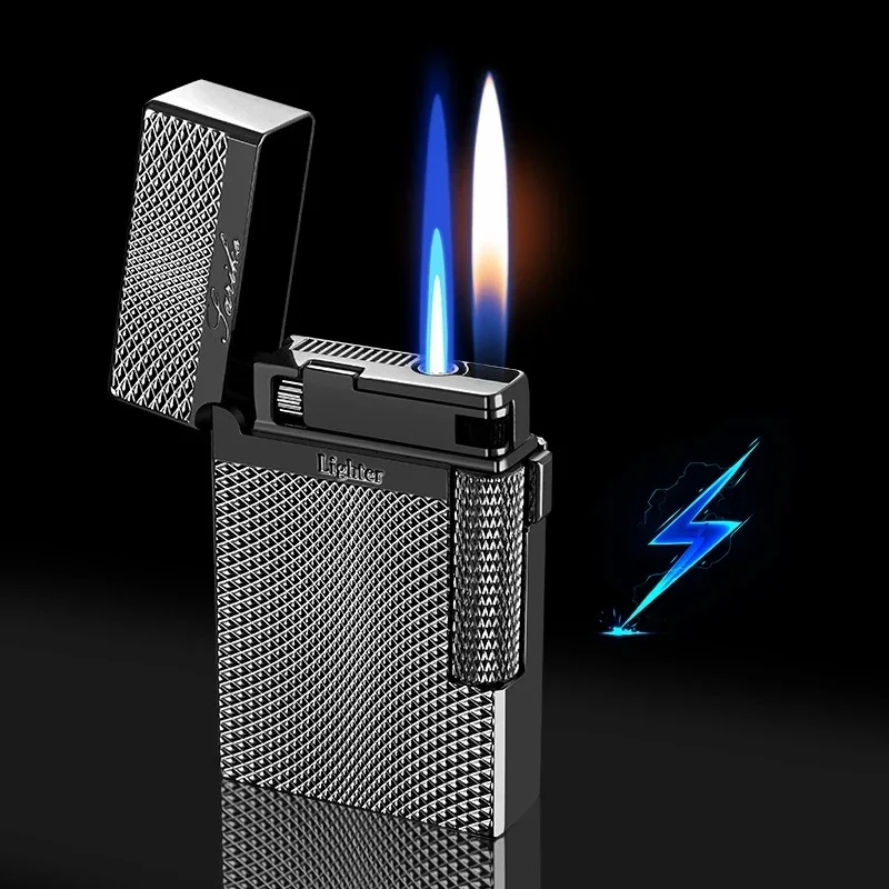 

New Metal windproof Double flame switching Butane Gas Lighter Retro Crisp Sound Sideslip Grinding Wheel Men's Gift Lighter