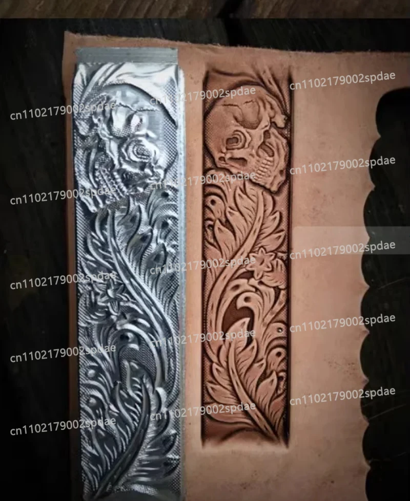 Aluminum Alloy Leather Embossing Die W/ Arabesque & 3D Skull Patterns, Seamless Repeat Design For Belt Stamping Tools (15.5x3cm)
