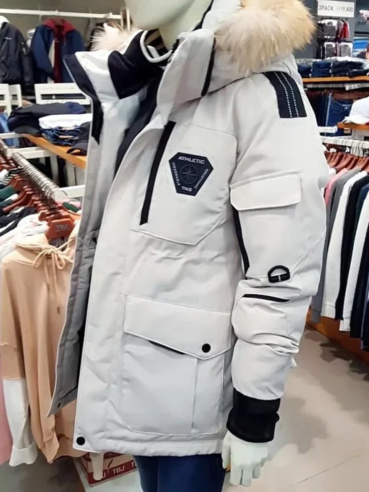 

Thiened Outdoor ex Mid-Length down Jaet Youth Faion Sports Sle Removable Hood White Du Feather Polyester Fiber