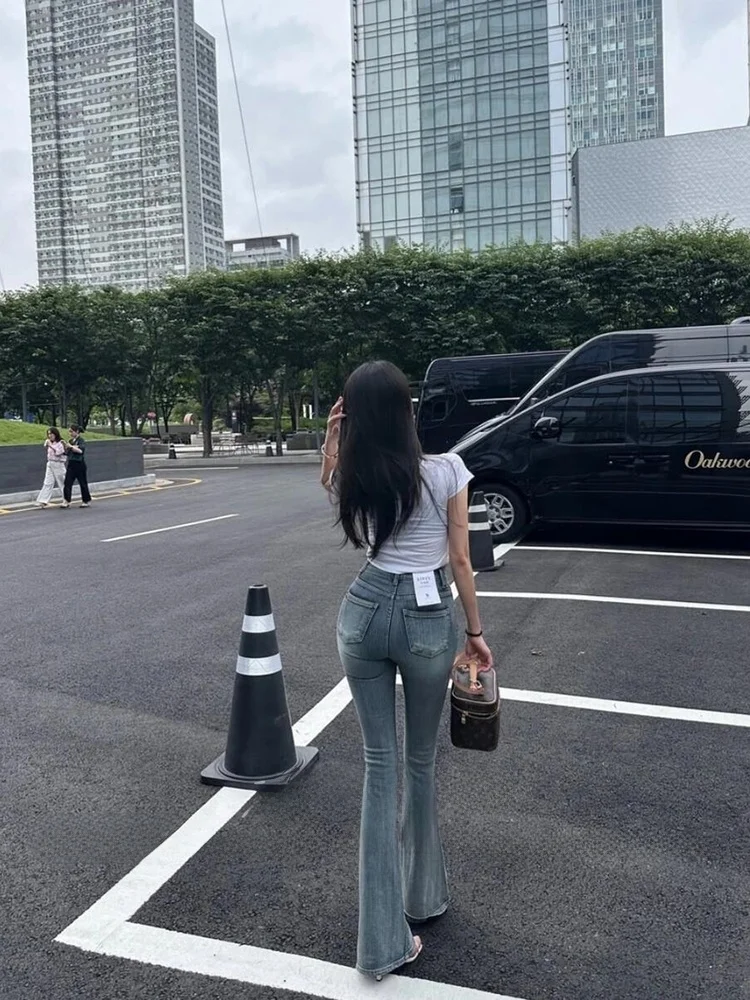 Women's High Waist Bell Bottom Jeans Vintage Washed Blue Elastic Casual Long Pants Ladies' Fashion Ins Style Butt Lifting