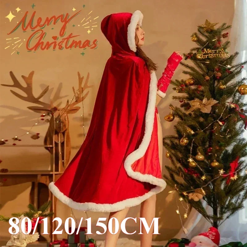 Scialle di Natale Mantello con cappuccio Costume da Babbo Natale Rosso con cappello Cosplay Cappotto caldo invernale Vestito da spettacolo per le vacanze Vestito da festa