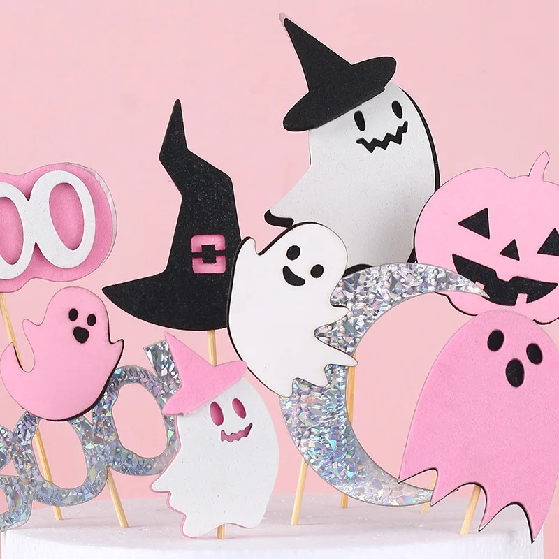 Pink Halloween Party Cake Decoration Cupcake Insert Pink Paper BOO Bat Skull Witch Ghost Spider Happy Halloween Cake Toppers Set