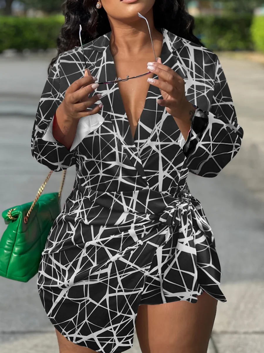 

LW Plus Size black Top Geometric Print Bandage Design Blouse long sleeve lapel neck street Autumn casual women's Top Blouse
