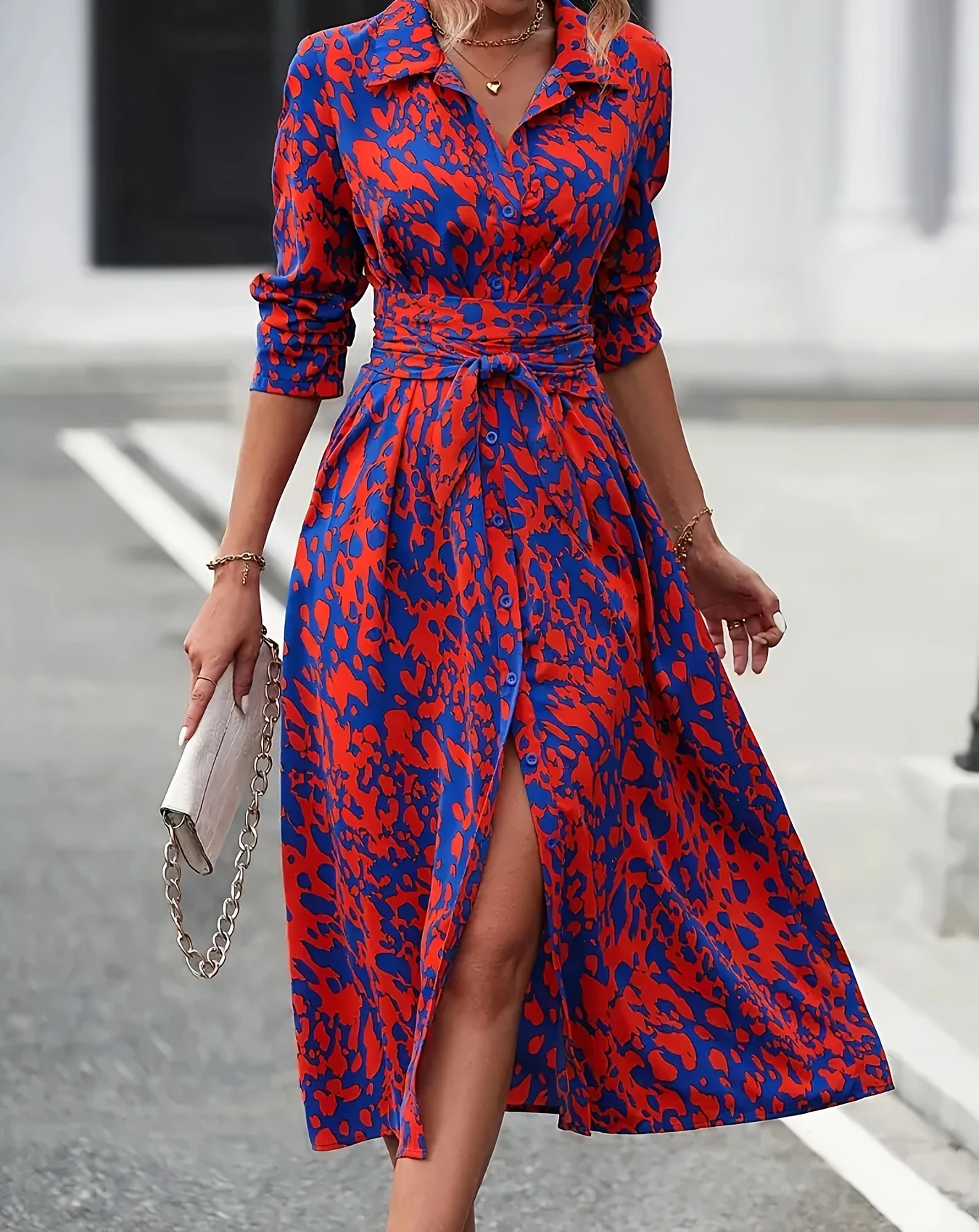 

Women Sexy V- Neck Dress Printed Button Long-sleeved Belted A-shaped Office Casual Dress