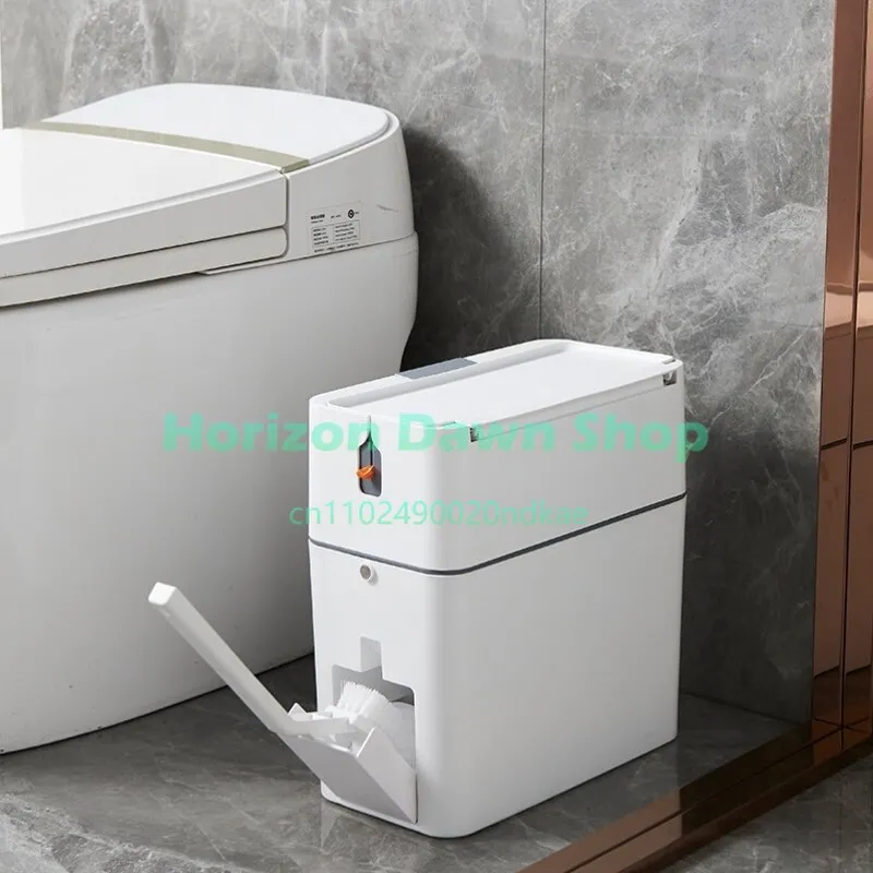 Household Narrow Gap Garbage Bin With Lid Pull Rope Automatic Bagging Trash Can With Toilet Brush For All Home Room Use