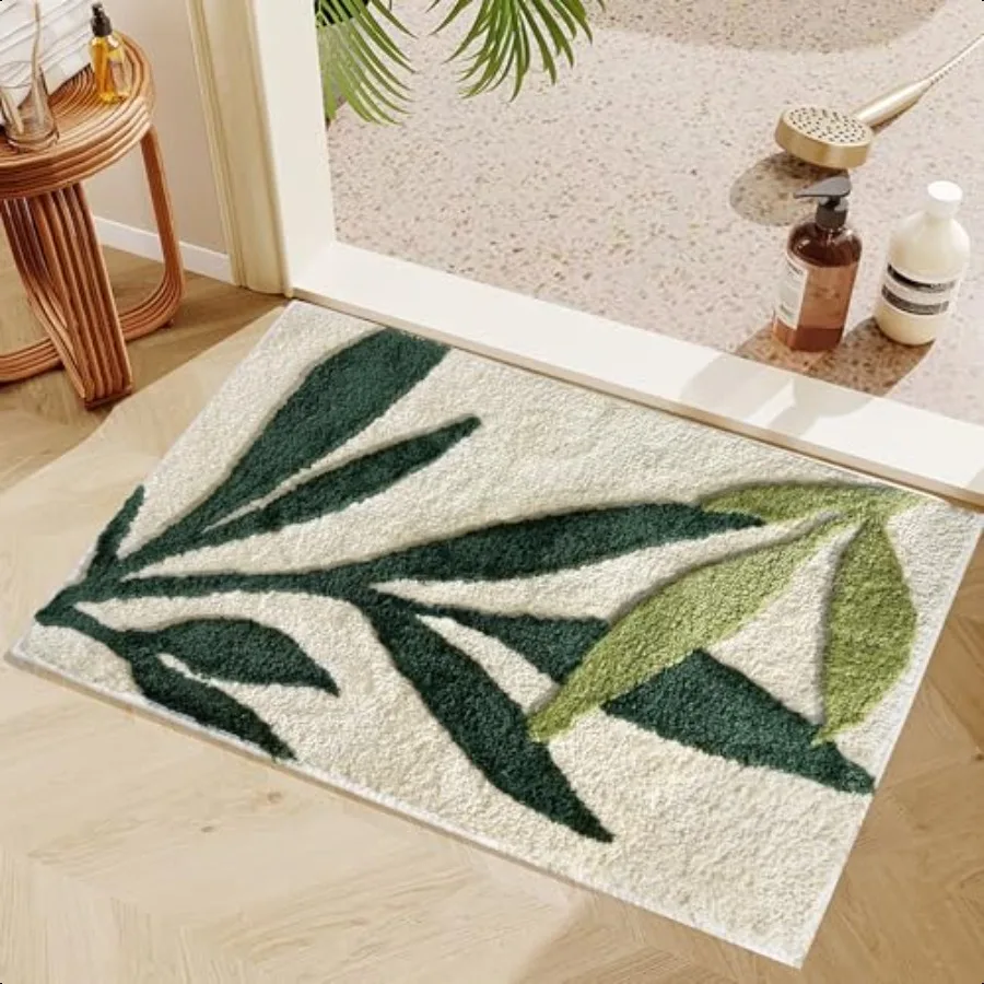 

Коврик для ванной комнаты с зелеными листьями, коврик с зелеными листьями, мягкий водопоглощающий нескользящий моющийся коврик для ванной для душа и пола, ботанический