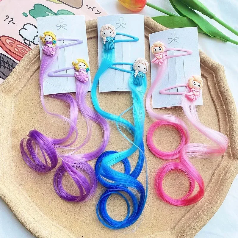 1 paar Meisjes Leuke Cartoon Prinses Gradiënt Pruik Haarspelden Kinderen Paardenstaart Lang Krullend Haar Houder Haar Clip Mode Haaraccessoires