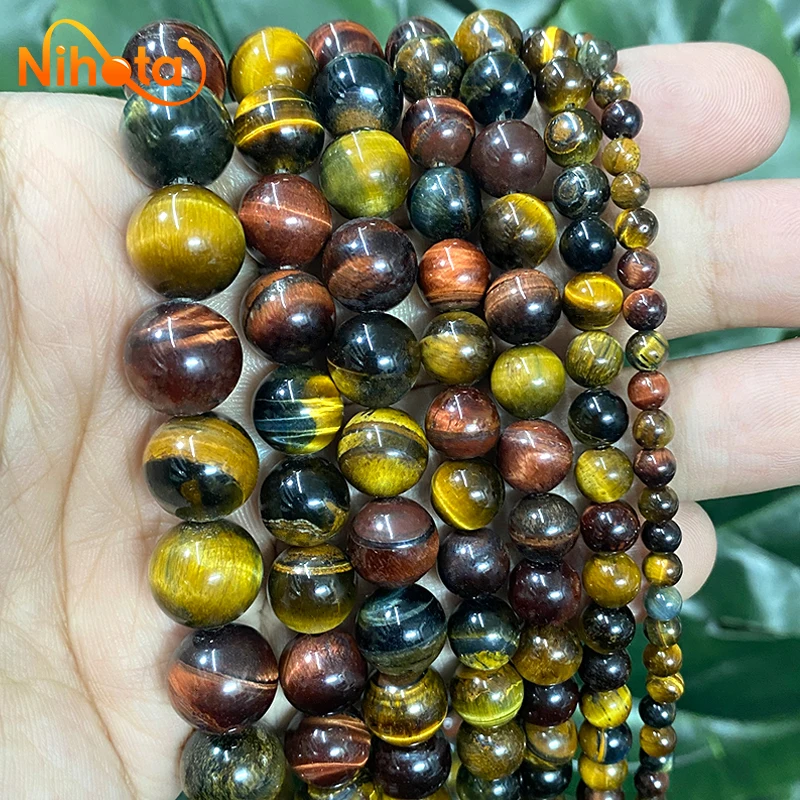 Natural Tricolor Tiger Eye Stone Round Loose Beads for Jewelry Making DIY Bead Perles Necklaces 15