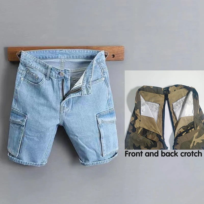 

Summer Crotch Light Blue Overalls Jeans Men's Shorts Sex Exotic Pants Baggy Fetish Casual Denim Streetwear Ripped Skinny Clothes