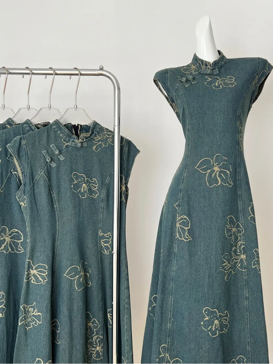 Nieuwe Chinese Retro Dames Zomer Dr Ontwerp Zware Borduurprint Taille Cinching Stand Kraag Denim Dr