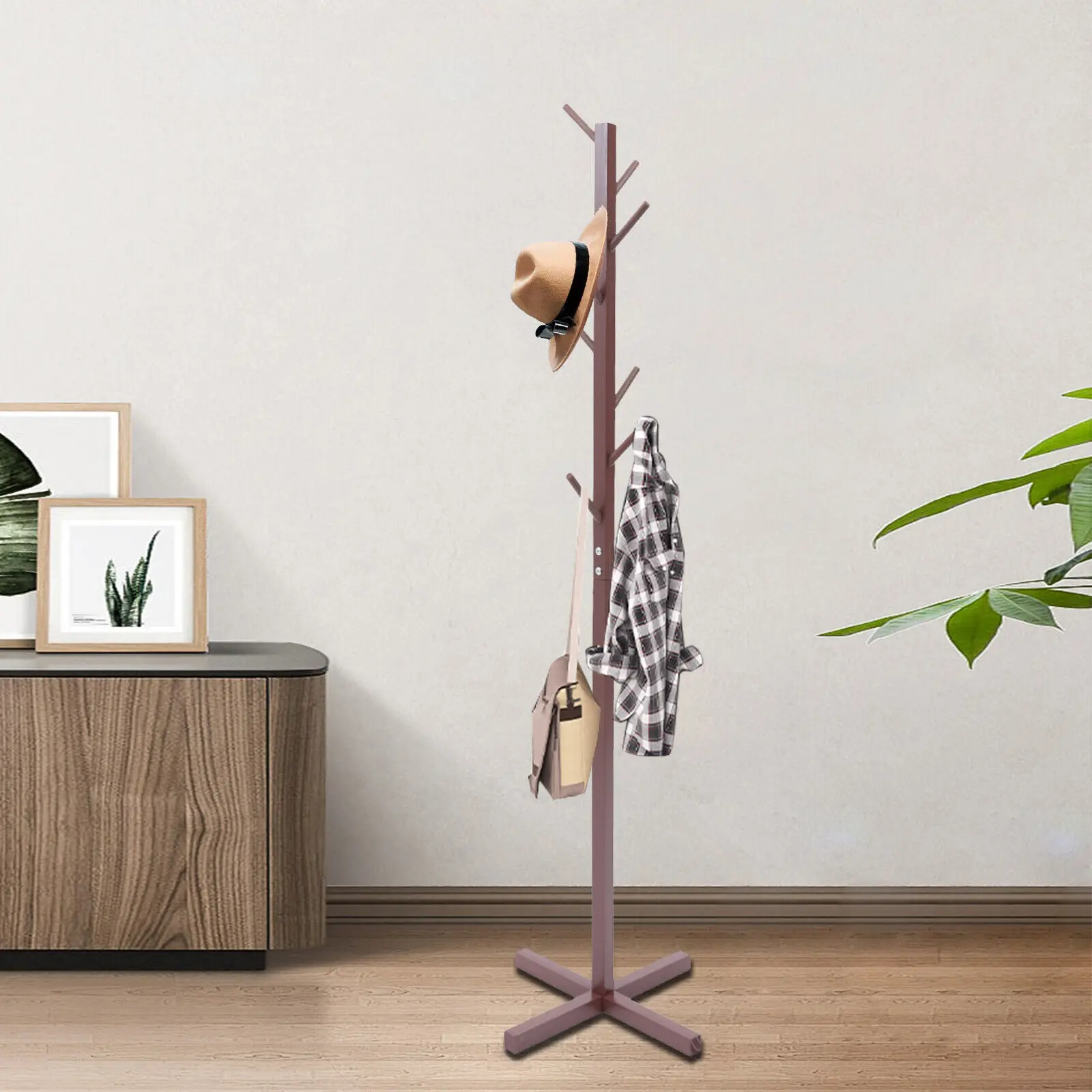 Wooden Coat Rack Stand Free Standing Tree Clothes Hanger Hat Coat Rack 8 Hooks