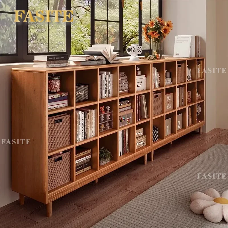 For Japanese Style Solid Wood Bookshelf Cherry Color Lattice Floor Storage Cabinet Integrated Wall Mounted Household Bookcase