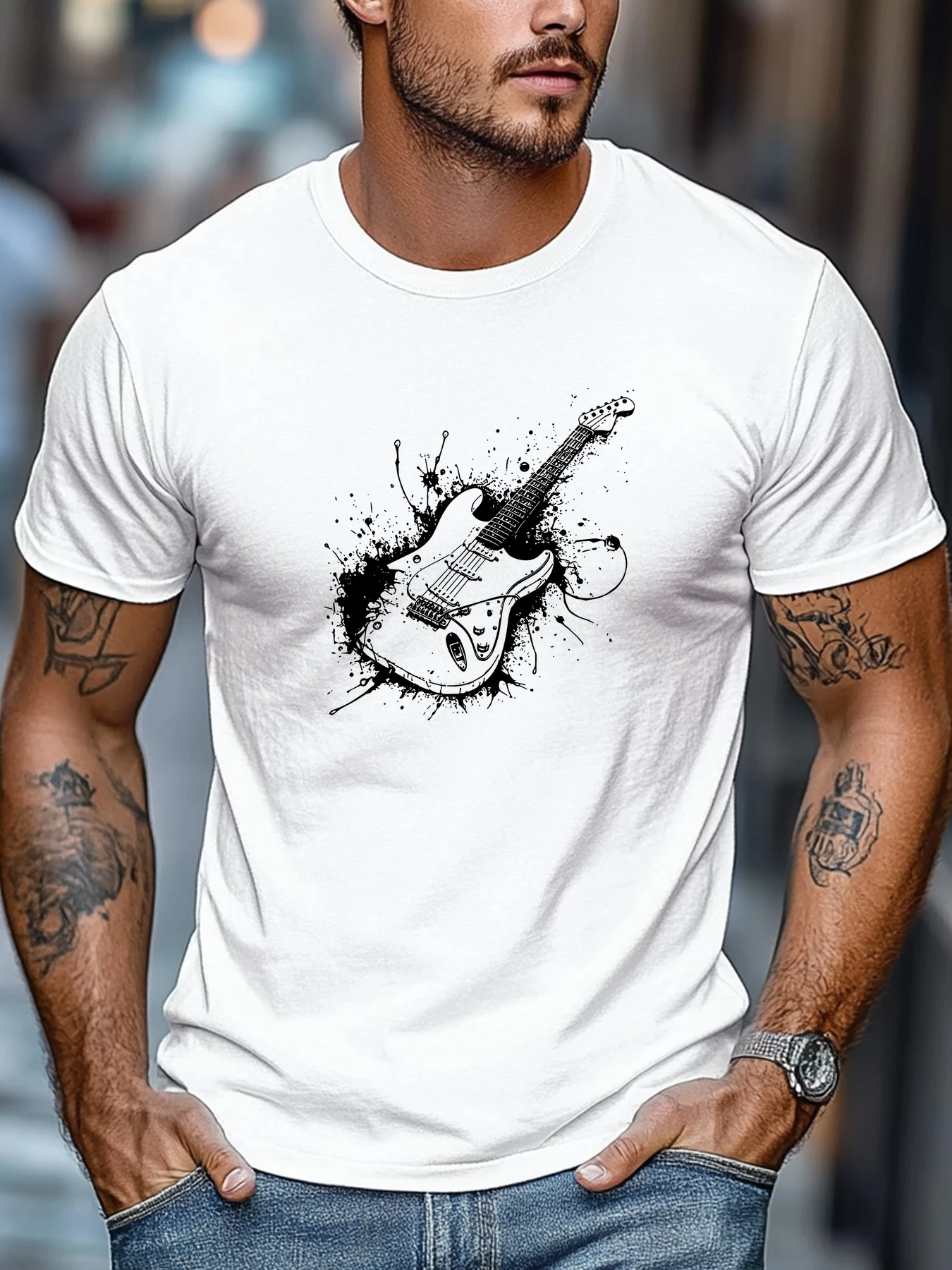 Men Khaki Crew Neck Tee White Splatter Splash Electric Guitar Rock Music Instrument Graphic Band Fan Soft Cotton Male Tops