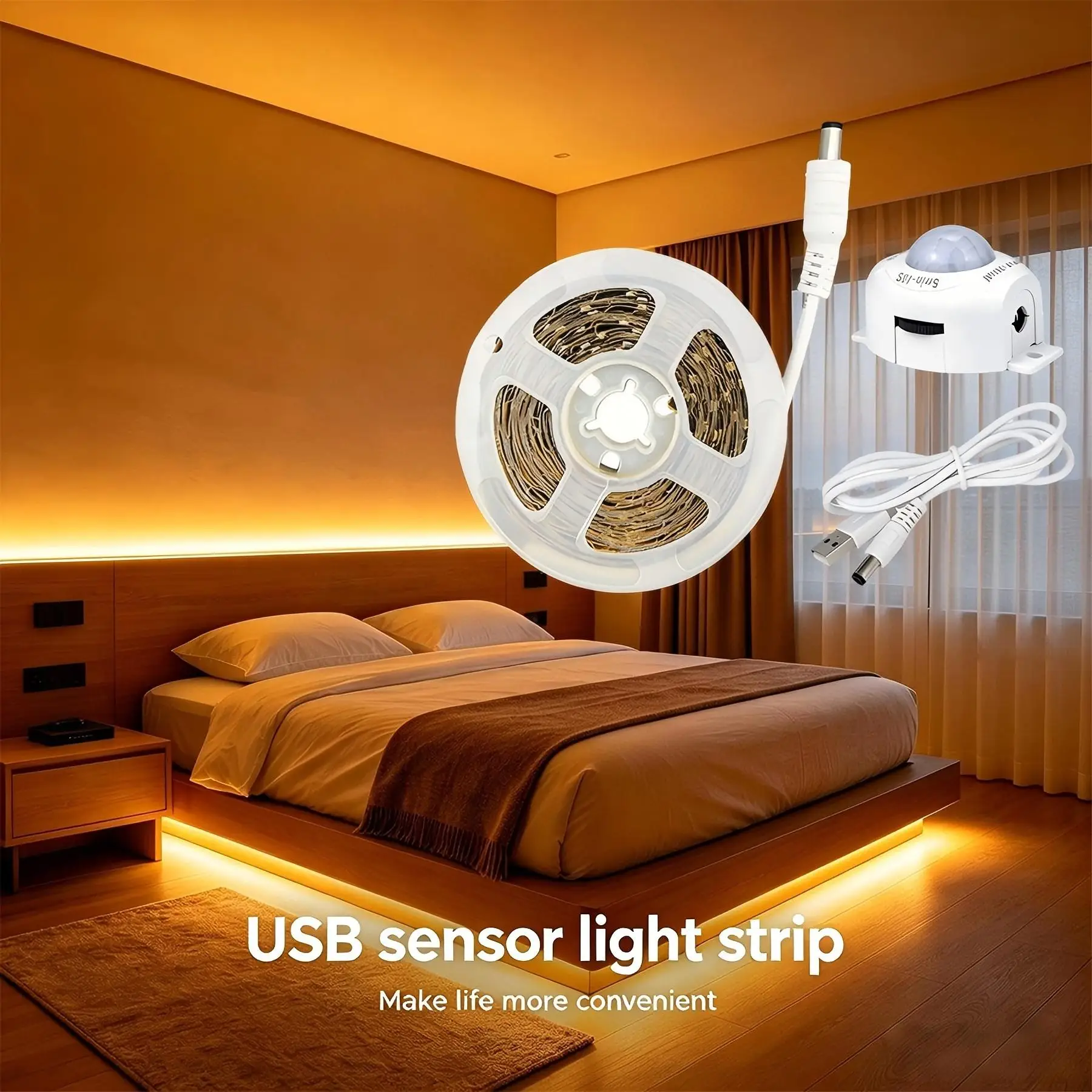 USB-powered sensor light strip, available in warm/white colors. Self-adhesive, suitable for cabinets, hallways, bedrooms, etc.