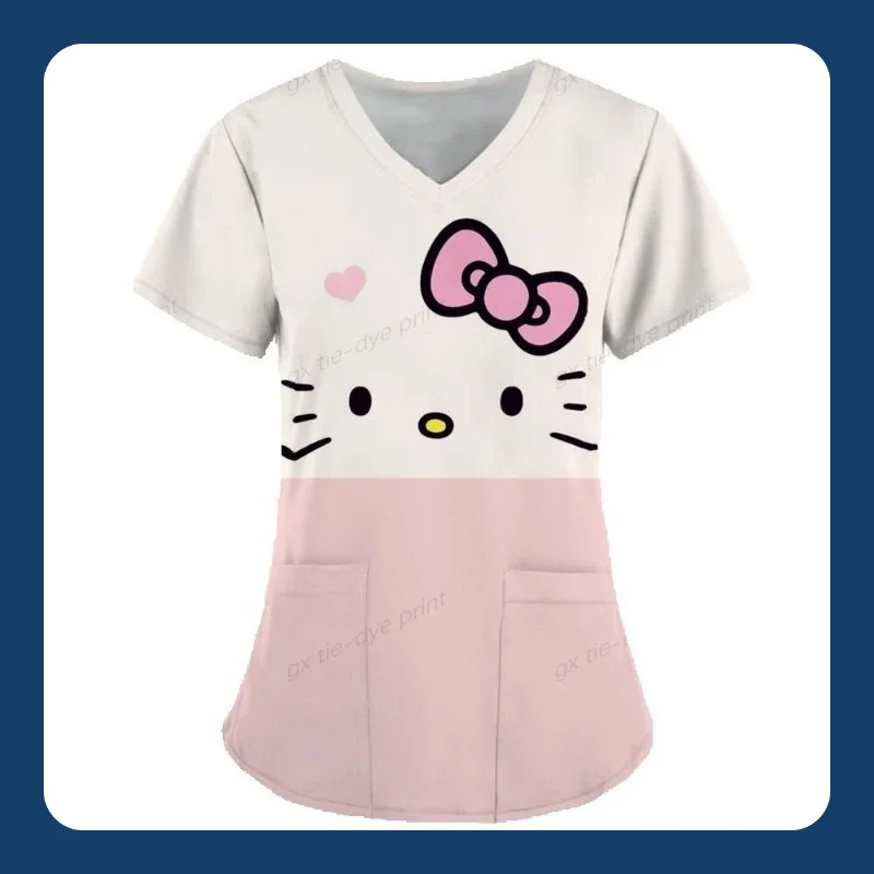 Angel Printed Hello Kitty Medical Wear T-Shirt Nurse Uniform Top Women Cartoon Cute Baby Gospel Pocket Work Clothes Uniform 18+