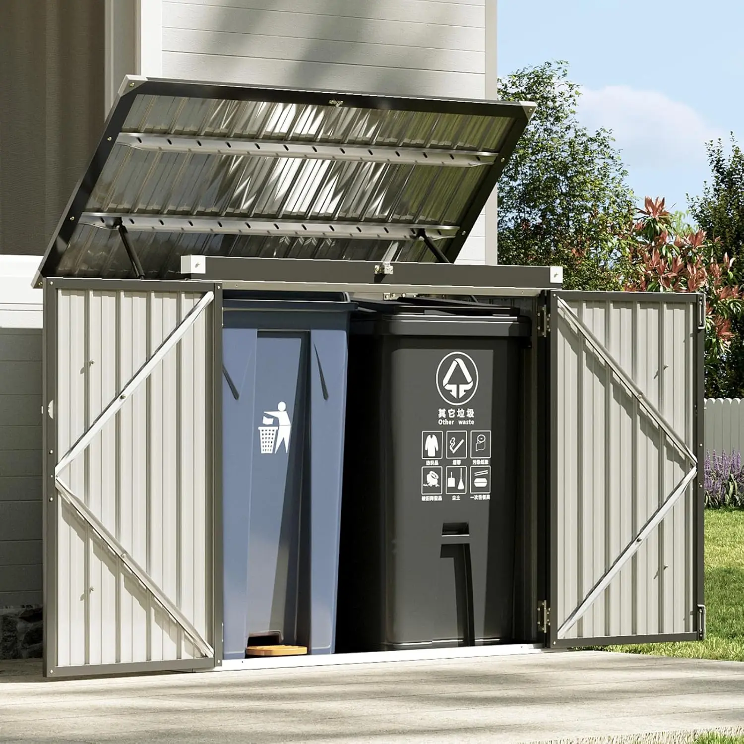 

Outdoor Storage Shed Metal Trash Can Storage with Chain Lid Waterproof Outdoor Garbage Can Organizer, Ideal for 2 Tras