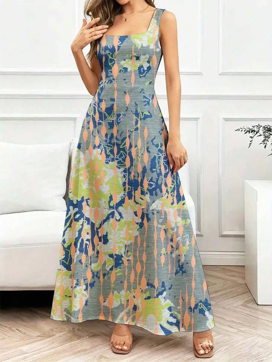 

Square Neck Floral Print Maxi Dress Thin Straps Flowing Silhouette Casual Leisure