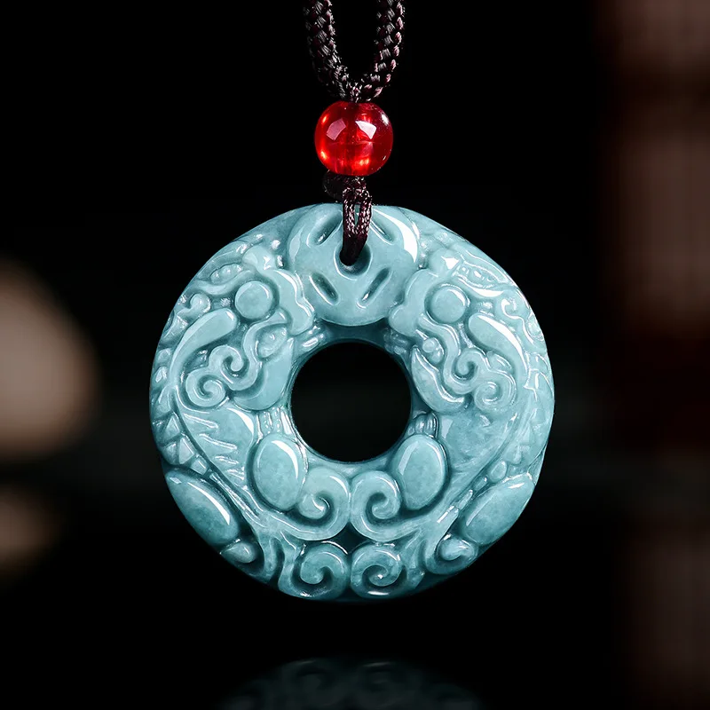 Natürlicher Echter Smaragd Blauwasser Doppel-Pixiu Ping An Knoten Anhänger Myanmar Jadeit Halskette Schmuck Charm Designer Luxus Geschenk