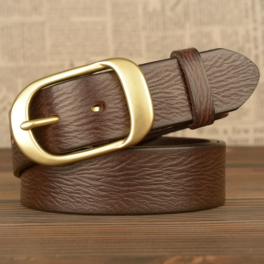 

Cowhide Men's Copper Buckle Casual Belt Korean Version Travel High-Quality Hunting Pleated Wrinkles Genuine Leather Pants Belt