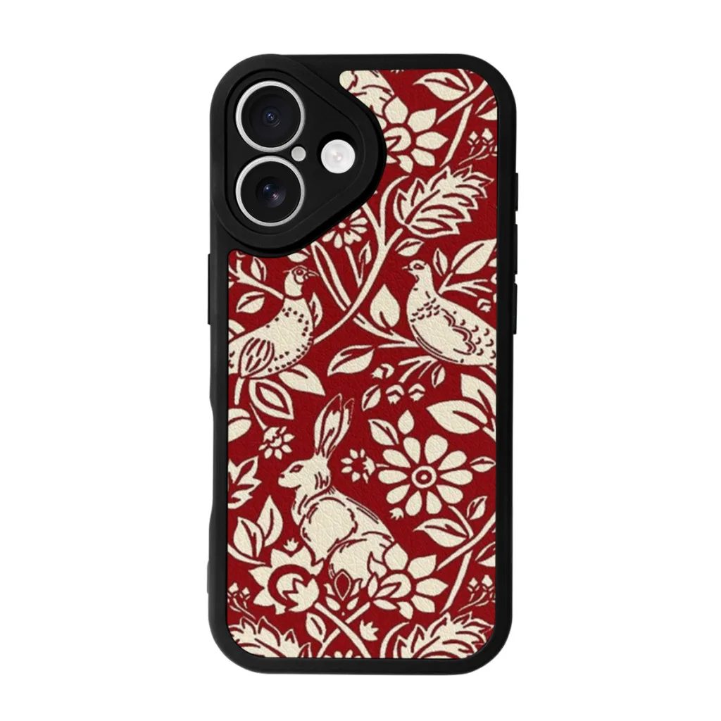 Phone Case For iPhone 16 Pro Max Plus Silicone Skin Case Pheasant and Hare Pattern, Deep Red and Cream