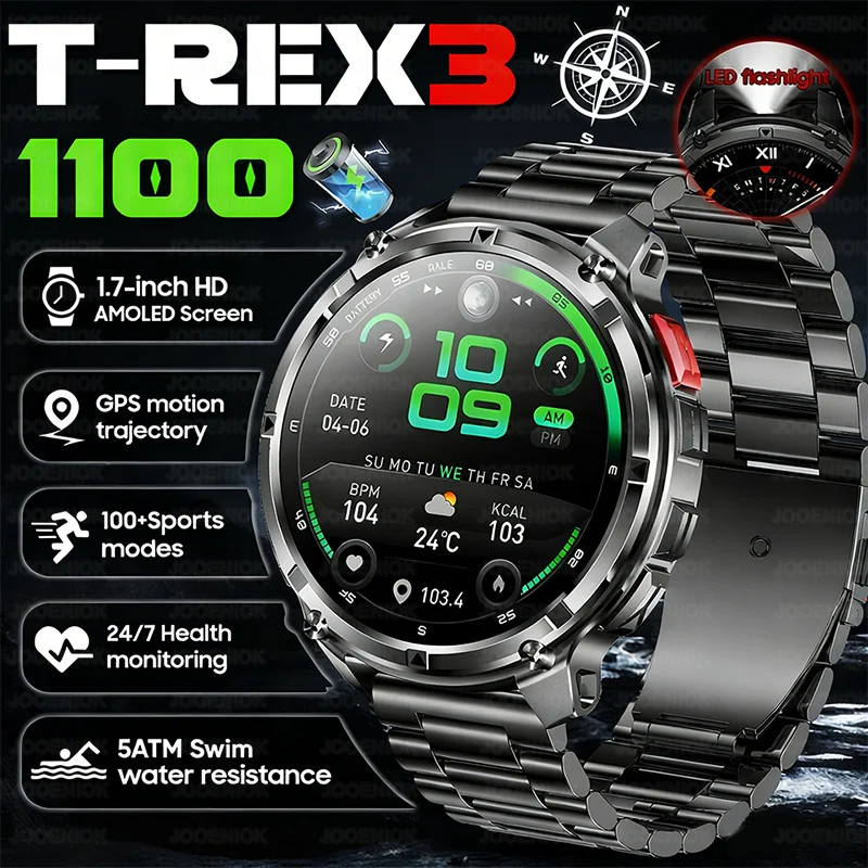 

Новые смарт-часы T-Rex3 Ultra 2026 года, 1100 мАч, военные, для мужчин, 1.7" AMOLED, GPS, отслеживание маршрута, водонепроницаемость 5ATM, компас, LED-фонарик, совместимость с iOS