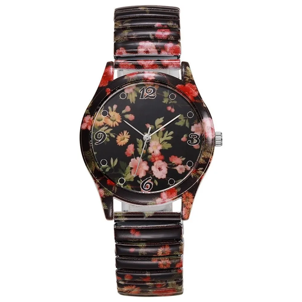 Flower Printed Flower Printed Watch Elastic Strap Quartz Movement Women Quartz Wristwatch Lightweight Arabic Dial Watch Gifts