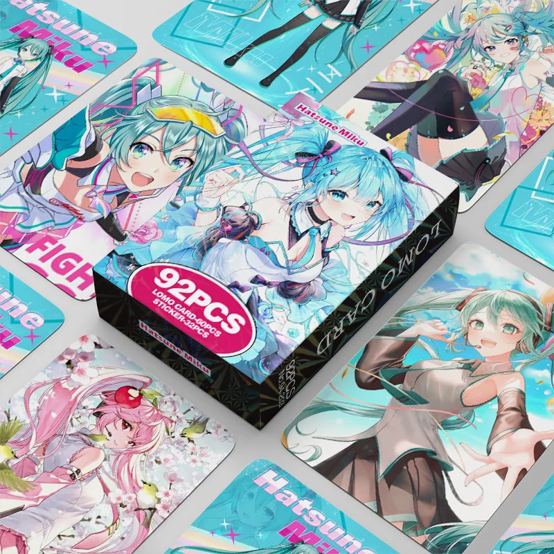 Hatsune Miku-tarjeta Lomo de Anime japonés, 1 paquete/92 unidades, Mini juegos de cartas, postales, regalo fotográfico, colección de seguidores, juguete, 60 tarjetas, 32 pegatinas