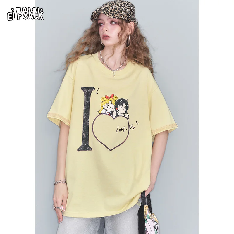 

ELFSACK 2025 Summer New Arrival Printed Short Sleeve T-Shirt Loose Casual Design Top For Women T-Shirt
