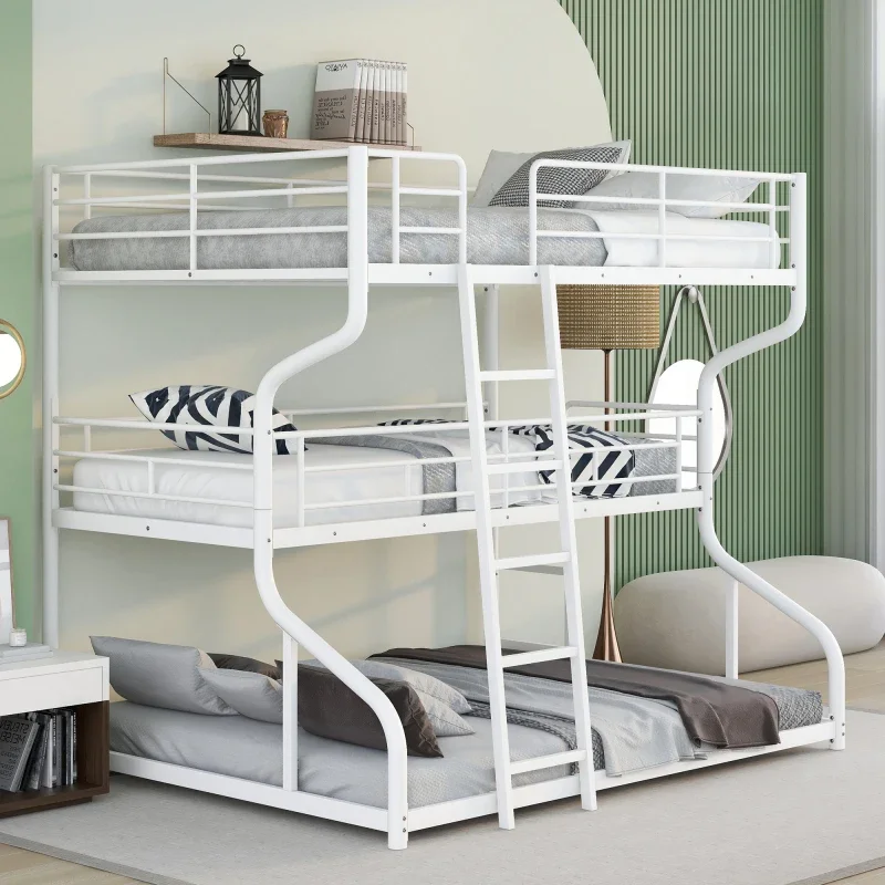 

Triple Bunk Bed with Long and Short Ladder, Unique Metal Frame,The bunk bed is made of high quality metal