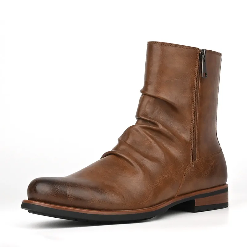 High Quality Men's Retro Boots Designer Pleated Short Tube Boots Fashion Casual High Top Boot High End Comfort Men Botas Hombre