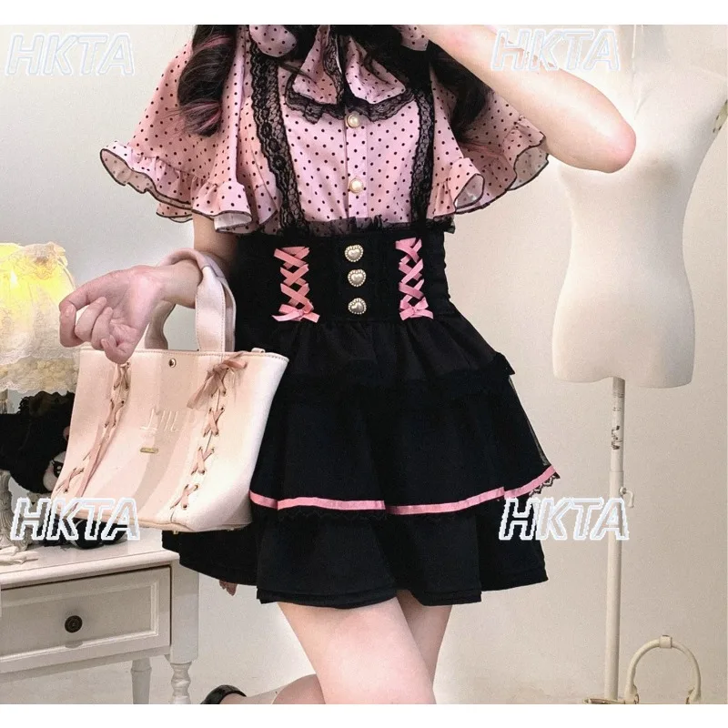 Japanese Sweet Lace Stitching Bow Strap Laminated Tutu Skirt 2026 Summer Kawaii Cute Lolita High Waist  A Line Mini Skirt Women