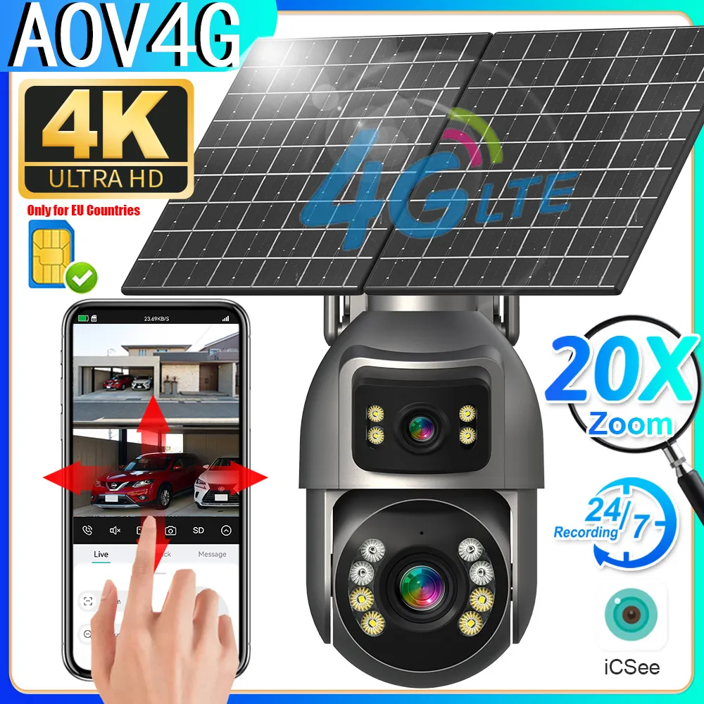 

AOV 4G LTE Solar Camera Dual Screen 4K 20X Zoom Outdoor Security Camera 24/7 Video Recording PTZ 16W Panel Auto Tracking iCSee