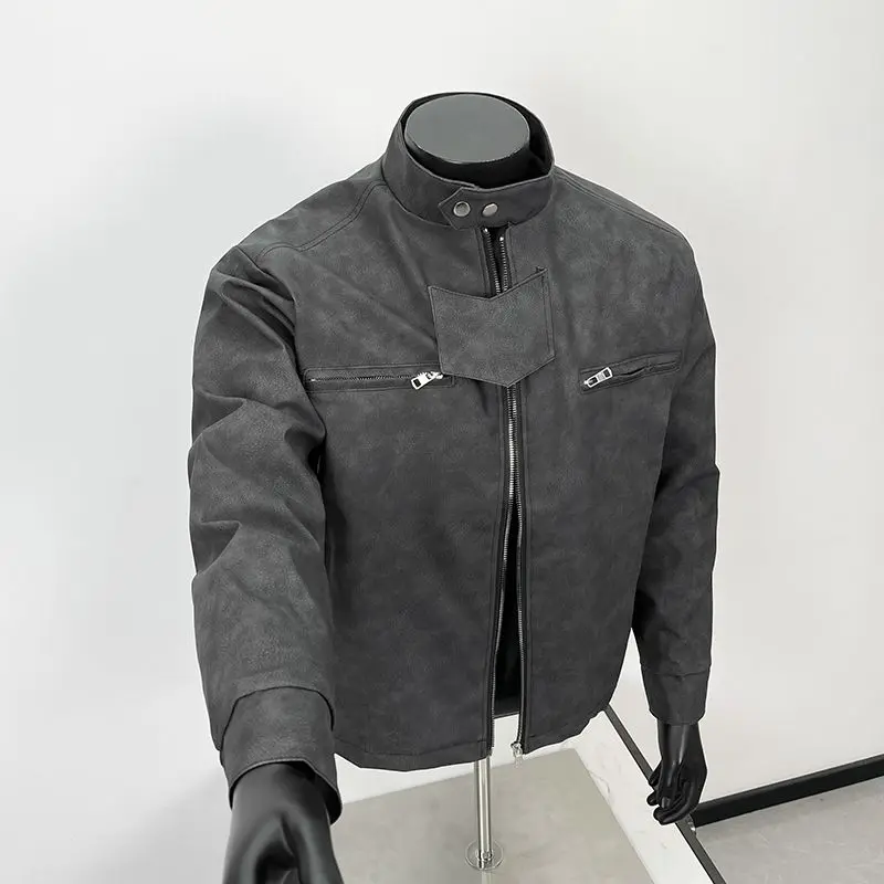 

American Sle Loose Fit Biker Leather Jaet Men's Autumn New Casual Stand Collar ort Sve Double Sided Wear Resistant