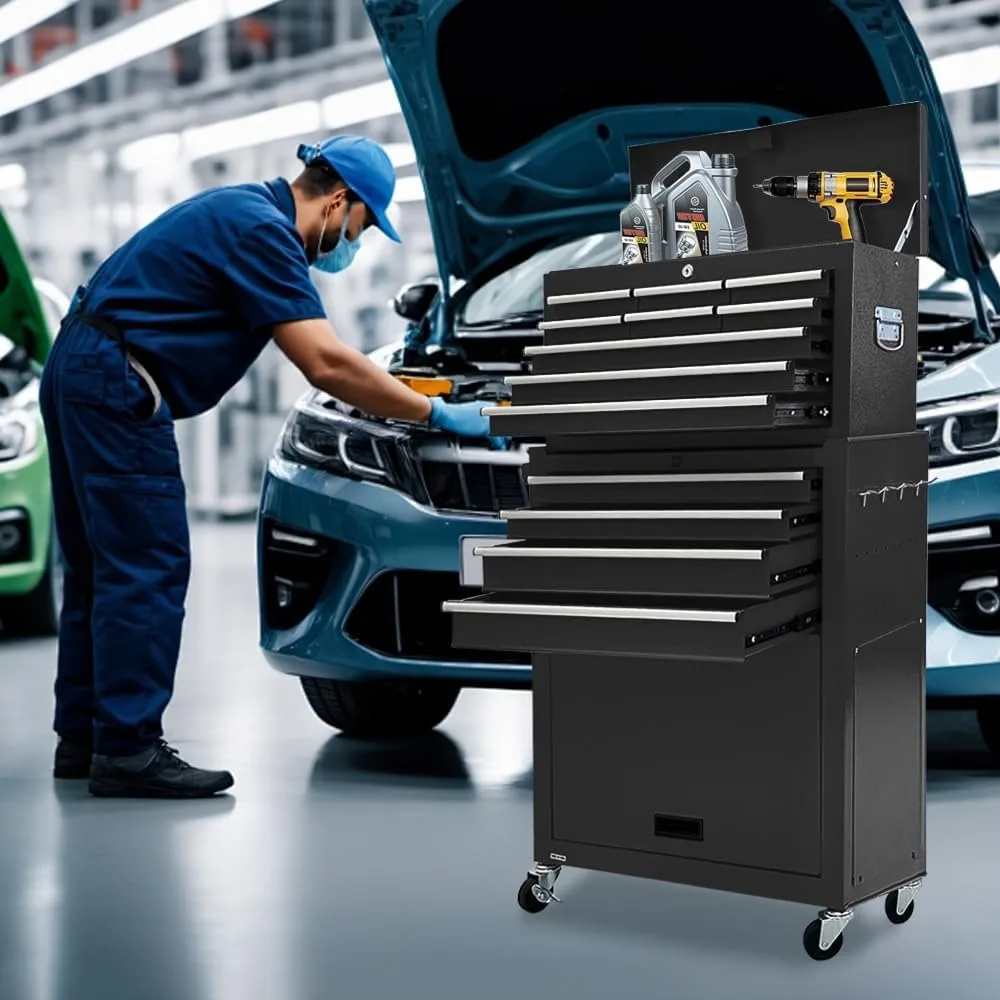 خزانة أدوات دوارة ذات 13 درجًا مع عجلات، صناديق أدوات دوارة قابلة للفصل 2 في 1، خزانة أدوات متنقلة مع أدراج،