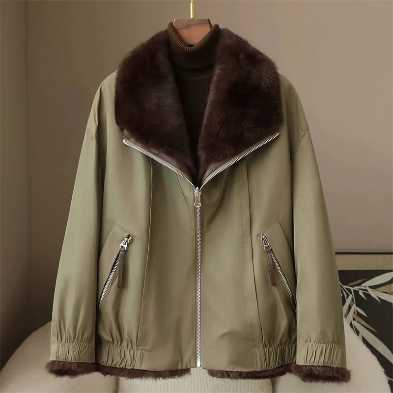 2025 High-quality Real Rabbit Hair Fur Parka Women's Autumn Winter Outdoor Coat Two-sided Wear Jacket Loose Outerwear Streetwear