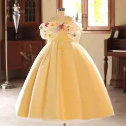 Jill Wish J081 Luxury Yellow Off- Shoulder Girl Dress 3D Flowers Arab for Princess Children Wedding Birthday Party Pageant Gown