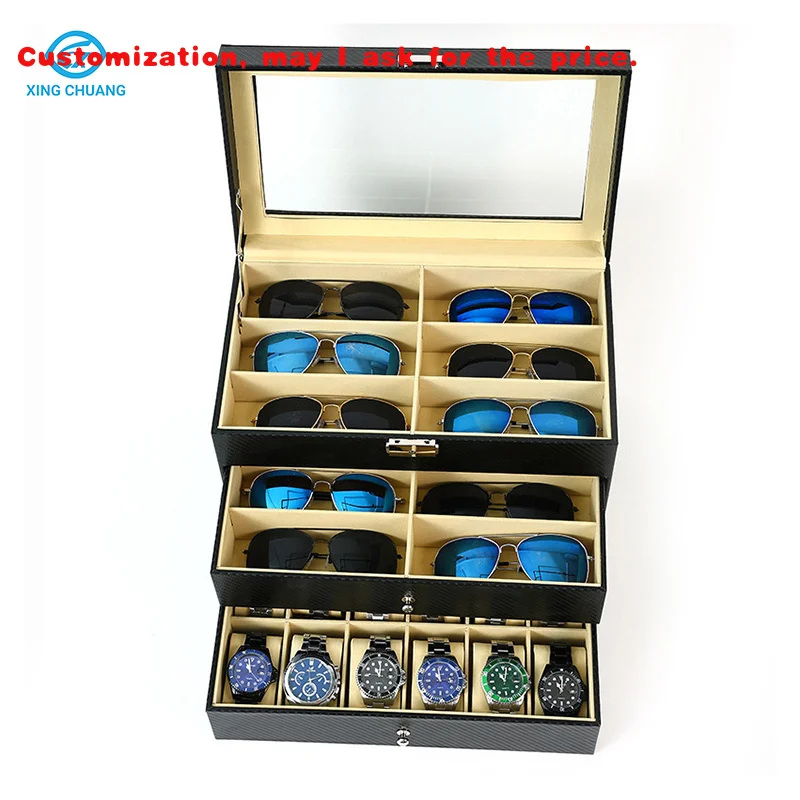 

custom.Three-Layer Carbon Fiber Leather Tray Watch Glasses & Eyeglasses Sunglasses Organizer Display Cabinet