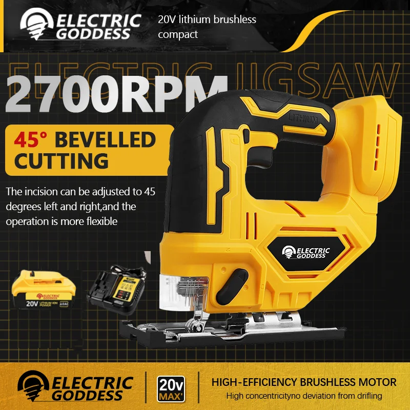 

Electric Goddess 2700RPM Brushless Electric Jigsaw Adjustable Blade Variable Speed Woodworking Power Tool For Dewalt 20V Battery