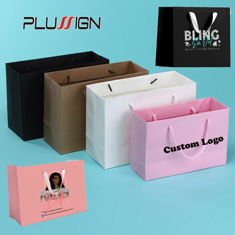 20Pcs Custom Logo Paper Handbags For Hair Wigs, Salon Hair Packaging Bag Paper Bags With Handle Tote Shopping Bags For Grocery