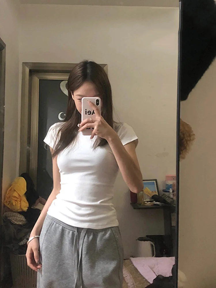 

Белая футболка Slim Fit ort Sve, женская футболка Sle 2023, новинка лета Faion oulder, ширина обычной длины, смесь хлопка, базовый слой...