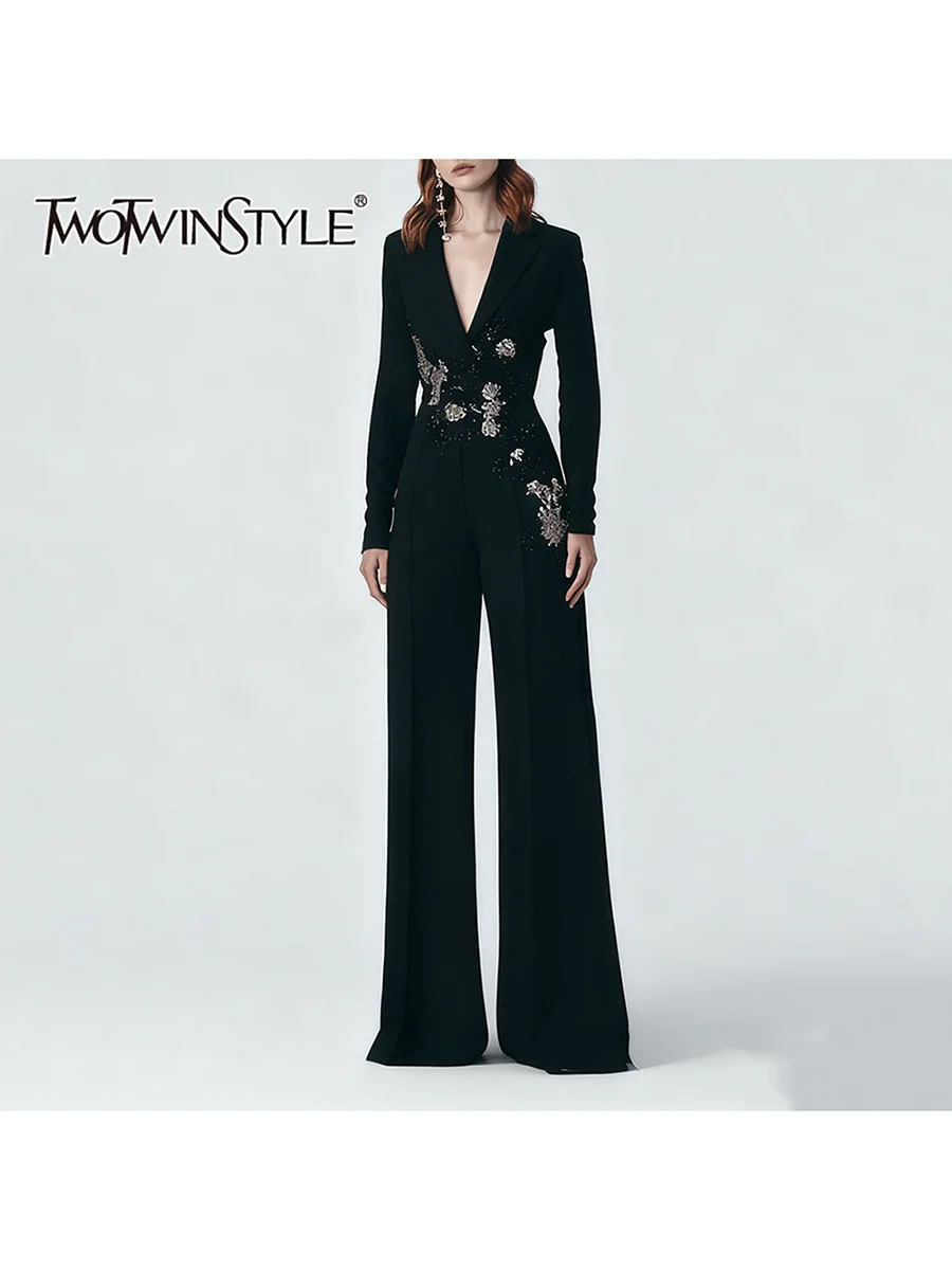 

TWOTWINSTYLE однотонные утягивающие комбинезоны с бисером и темпераментом для женщин, комбинезон с длинными рукавами и лацканами, женский новый комбинезон с высокой талией