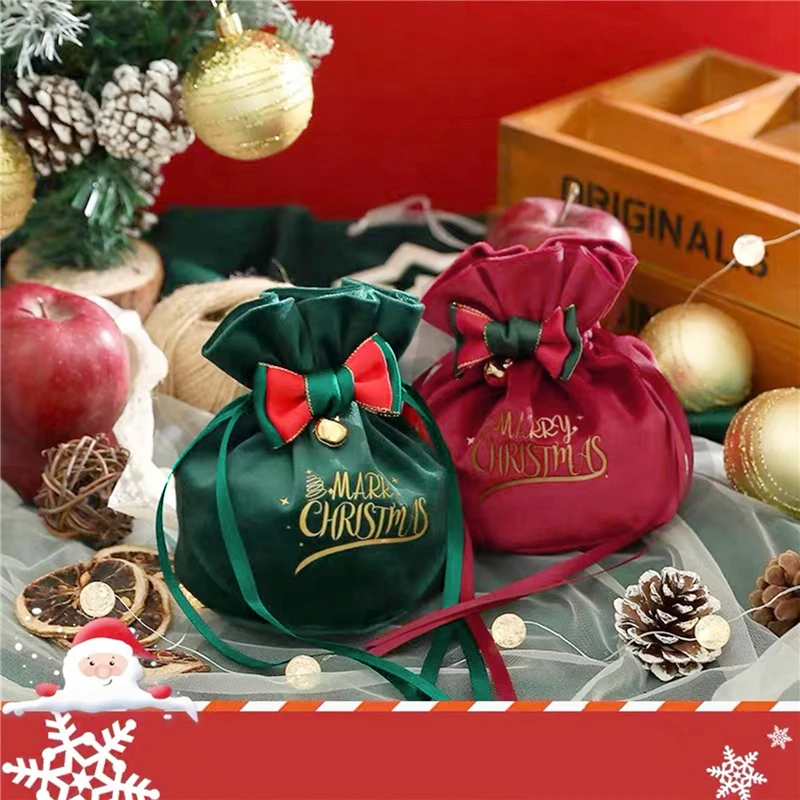 Printed Candy Storage Bag Merry Christmas With Cord Bow Bells Velvet Gift Packaging Handbag Christmas New Year Party Decor