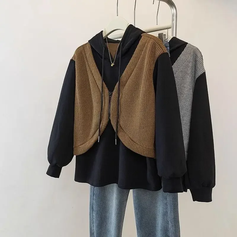 

Sudaderas Para Mujer Fake Two Tops Patchwork Contrast Color Zip Hoodie Vintage Hooded Sweatshirt Streetwear Clothes Harajuku