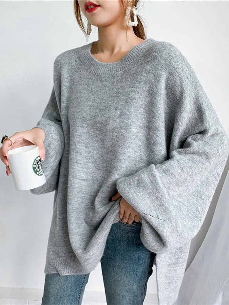 [EAM] Blue Big Size Knitting Sweater Loose Fit Round Neck Lantern Sleeve Women Pullovers New Fashion Spring Autumn 2024 1DD6061