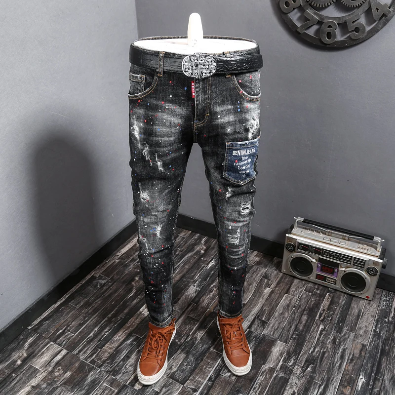 Street Fashion Men Jeans Retro Black Gray Stretch Skinny Ripped Jeans Men Painted Designer Spliced Hip Hop Denim Pencil Pants